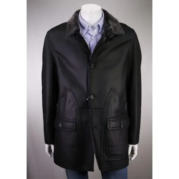 LaMatta Men's Black Leather Shearling Lined Coat Eu 54 - US 44 - Picture 2 of 10